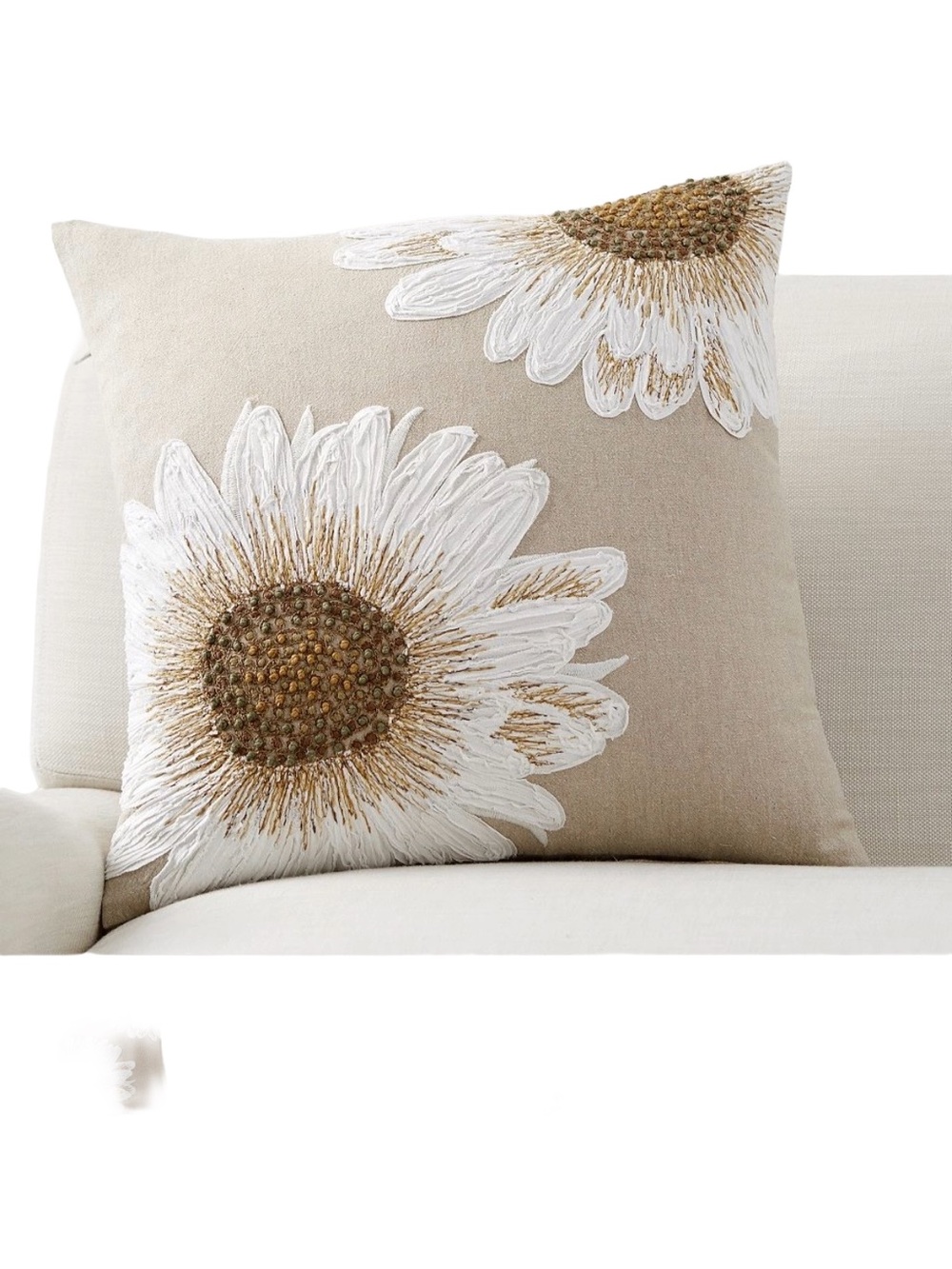 Pottery Barn Sunflower Pillow with White and Brown 3D Embroidery 20x20